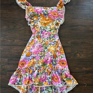 Floral Ruffle Dress with Pom Pom Trim
